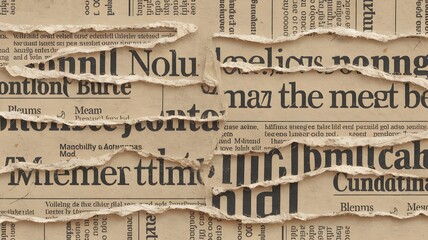 Fototapeta premium A vintage-style background made of torn newspapers. The newspaper clippings have varying text sizes, headlines, and aged paper textures.
