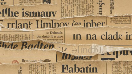 A vintage-style background made of torn newspapers. The newspaper clippings have varying text sizes, headlines, and aged paper textures.