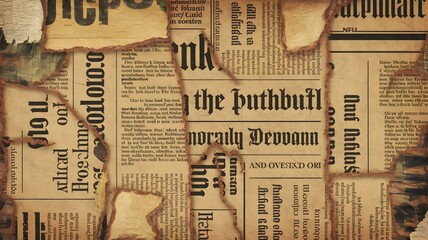 Naklejka premium A vintage-style background made of torn newspapers. The newspaper clippings have varying text sizes, headlines, and aged paper textures.