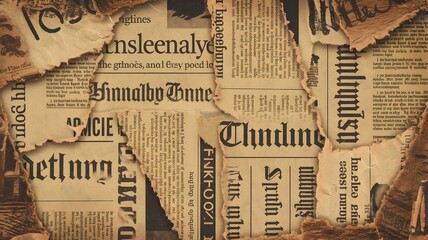 A vintage-style background made of torn newspapers. The newspaper clippings have varying text sizes, headlines, and aged paper textures.