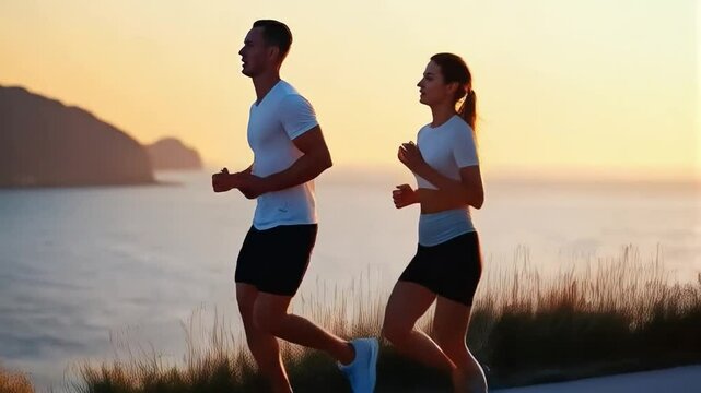 Pareja corriendo al amanecer por sendero costero