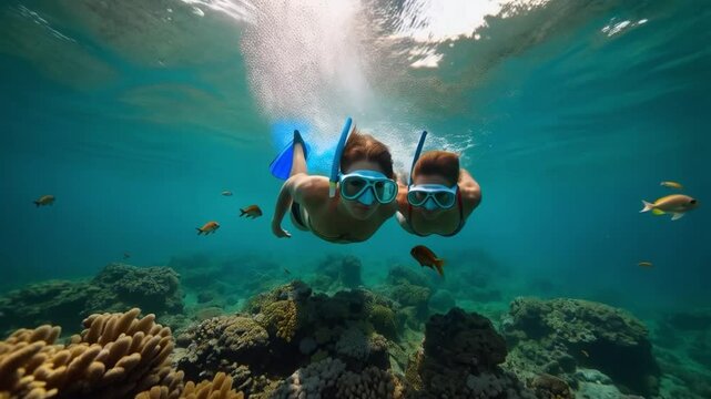 Pareja joven buceando en arrecife tropical con peces de colores