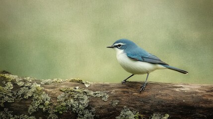 Fototapeta premium Cerulean Warbler Perched on Textured Tree Branch with Blue Feathers in Green Mossy Environment