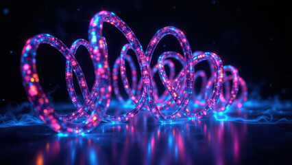 A futuristic image featuring a row of circular elements with glowing lights, set against a dark background with blue accents.