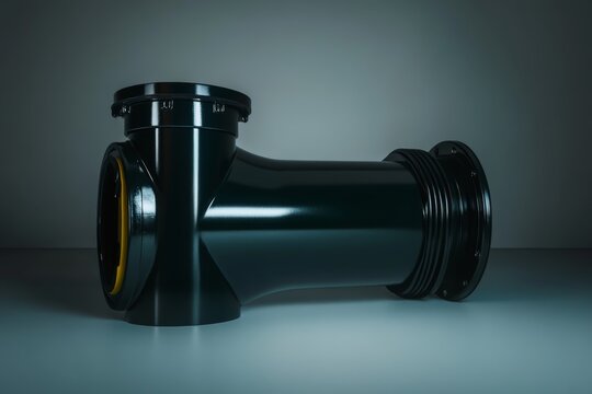 Black plastic plumbing pipe fitting designed for drainage systems in industrial applications