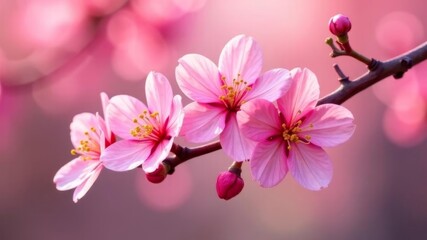 Naklejka premium Close-up of blooming pink cherry blossoms on branch with soft background.