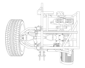 Obraz premium A drawing of a car engine with a tire in the front. The drawing is in black and white