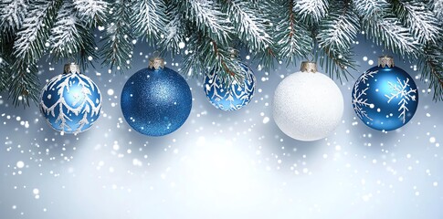 Hanging Christmas Ornaments on Snowy Pine Branch with Falling Snow