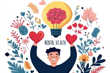 A vibrant illustration promoting mental health, featuring a person holding hearts and a light bulb surrounded by colorful flowers.