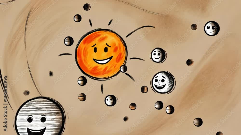 Poster A drawing of a sun with a bunch of smiling faces around it. The faces are in different sizes and are scattered around the sun