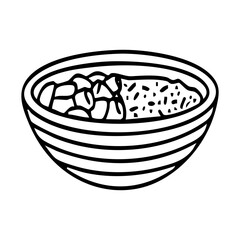 The bowl with meat and rice, asian food doodle and dish drawing, freehand vector illustration and sticker, outline graphics.