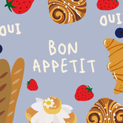Bakery background with bakery products. Vintage textured poster for bakery shop. Croissant, baguette, saint honore, pastry. Vector design template for banner, cover, label, packaging
