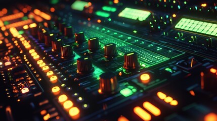 Illuminated control panel with knobs and buttons for electronic music production.