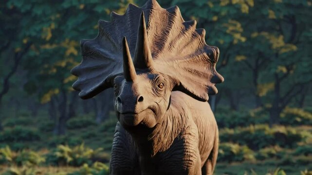 A Triceratops grazes peacefully in a lush prehistoric landscape. Herbivorous dinosaur with two prominent horns and a large frill. A realistic depiction of ancient life