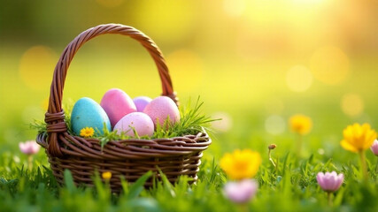 Fototapeta premium Basket with color Easter eggs on a grass in a sunny day. Copy space