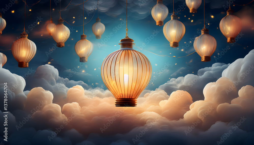 Poster Hanging lanterns illuminate a dreamy cloudscape, creating a whimsical and enchanting atmosphere