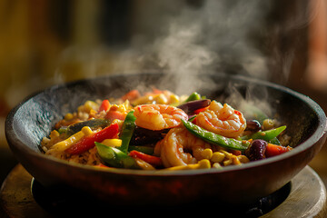 A vibrant stir-fry of shrimp and vegetables fills the wok, releasing steam and inviting warmth.