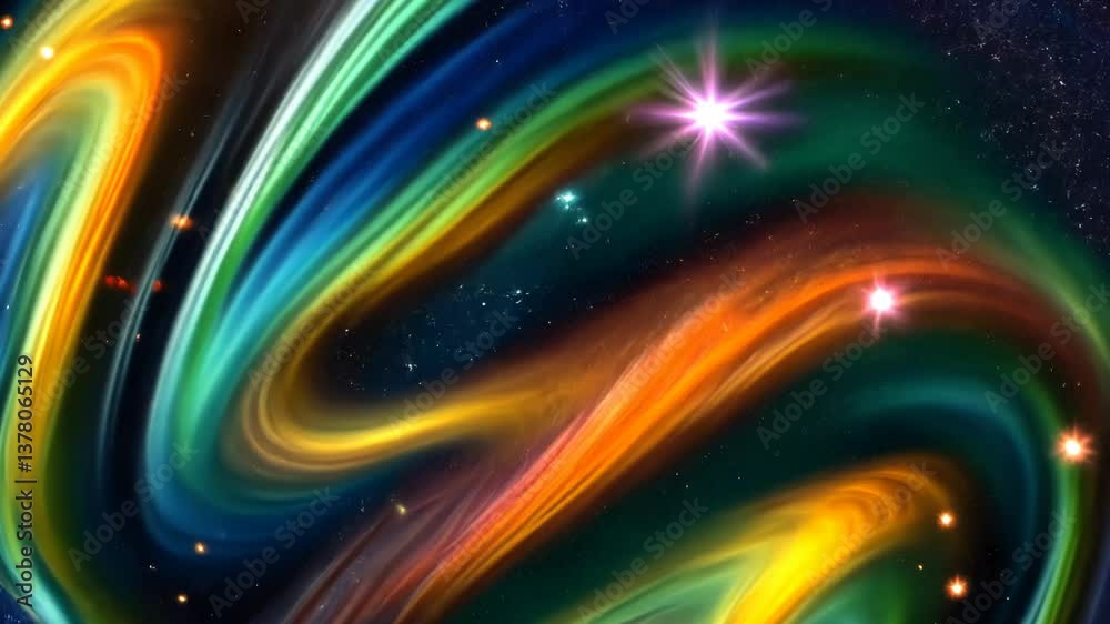 Poster a colorful swirl of light and stars. the stars are scattered throughout the image. the colors are br