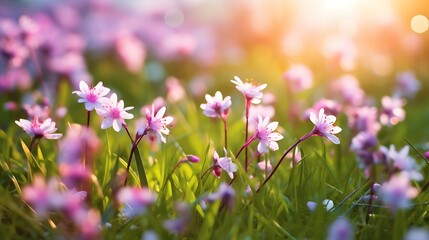 Obraz premium Delicate Pink Flowers Blooming In Sunny Field