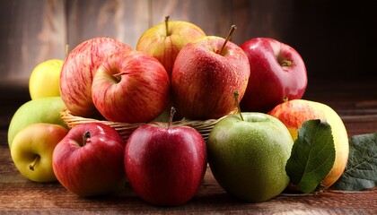 fresh assorted apples on rustic wooden table