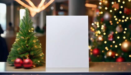 blank white sheet of paper stands on the reception desk against the background with chrismas tree blank mock up for your information