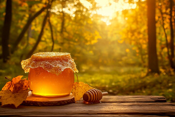 Photograph of a jar of honey and a beehive on a wooden table in a forest at sunset, a real photograph