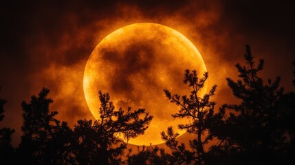 Mysterious orange eclipse glowing behind silhouetted pine branches. Dramatic scene shrouded by night clouds, creating a mysterious atmosphere.