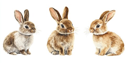 Three Brown Rabbits Sitting Isolated on White Background Animal Illustration