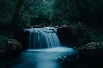 Serene forest waterfall surrounded by lush greenery at dusk