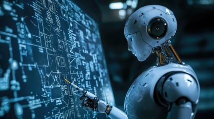 A robot writing complex polynomials on a futuristic board.