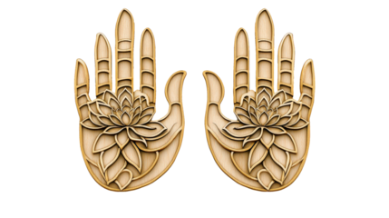 Engraved Buddhas hands on golden stone display