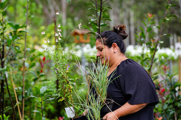 Woman shopping for plants in small business nursery garden – support local businesses