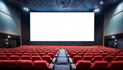 cinema auditorium with red seats and blank white screen