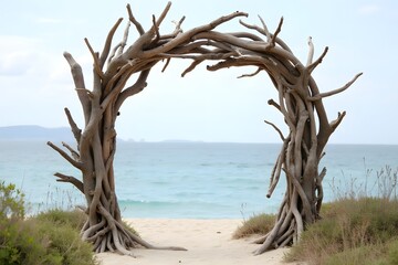 A wedding archway built from driftwood, overlooking a quiet ocean.