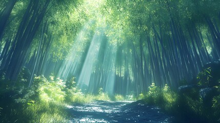 Obraz premium A peaceful bamboo forest with rays of sunlight filtering through