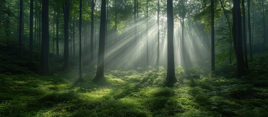 Obraz premium Sunbeams in misty forest; nature background
