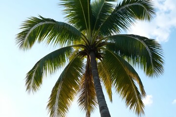Coconut palm tree. The tranquil atmosphere evokes feelings of relaxation, vacation, and tropical paradise.
