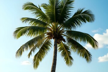 Coconut palm tree. The tranquil atmosphere evokes feelings of relaxation, vacation, and tropical paradise.