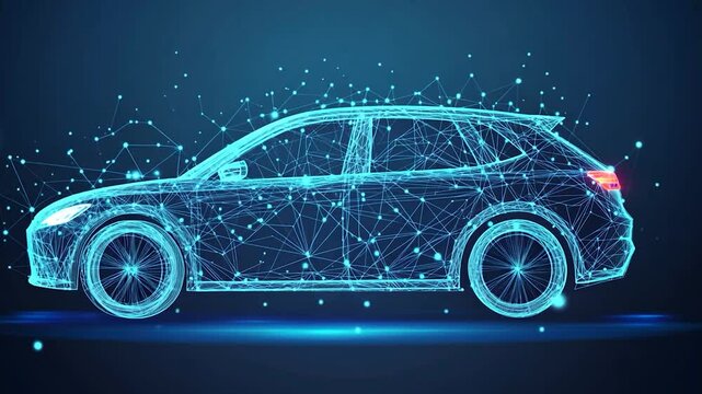 Abstract polygonal car illustration, glowing blue lines