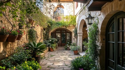 A charming stone courtyard with lush plants and architectural details
