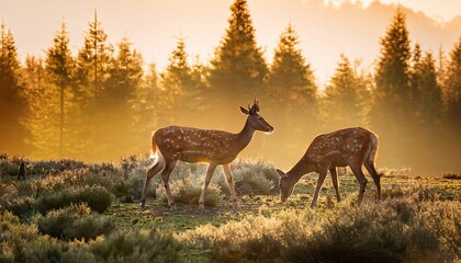 two spotted deer grazing in golden sunlight forest