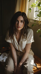 Fototapeta premium A contemplative woman gazes warmly, surrounded by soft lighting and a cozy atmosphere.