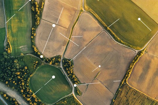 Aerial view of property mapping with location markers and connected lines. AI generated illustration.