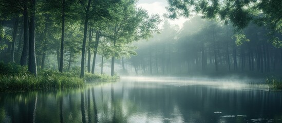 Obraz premium Misty Forest Pond Calm Tranquil Scenery