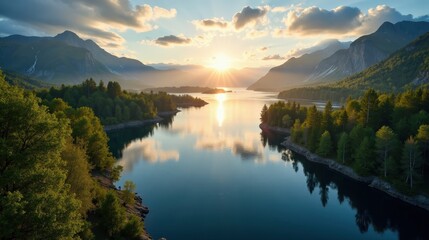 Obraz premium Aerial view of Mjøsa lake's natural shores in Norway, sunny dawn.