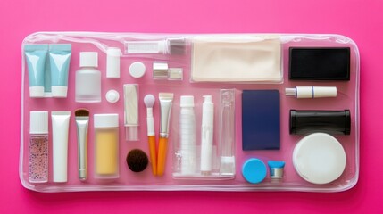 A transparent PVC cosmetic pouch filled with beauty essentials, placed on a neon pink background.