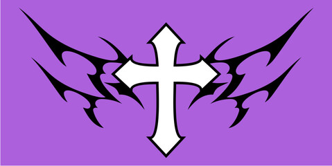 Christ cross with Neo tribal y2k gothic style tattoo Cyber sigilism spikes and sparks for streetwear print designs, spiky y2k aesthetic vector