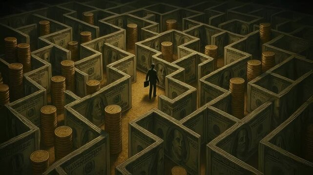 Businessman navigating a complex money maze made of dollar bills and coin stacks, symbolizing the challenges and strategic thinking required for financial success and investment decisions