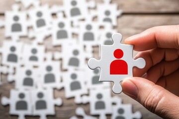 Completing the team puzzle.  A hand holds a puzzle piece with a highlighted individual, symbolizing the importance of finding the right person for a team