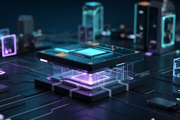 Futuristic quantum computer chip power machine digital cybernetic neon